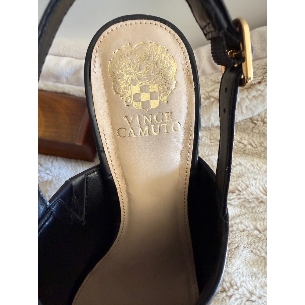 Vince Camuto Black Leather Platform Slingback Wood Block Heel Sandals Square Toe - Picture 6 of 9